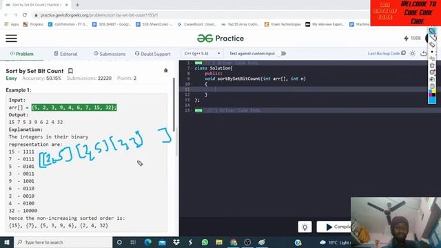 PROBLEM OF THE DAY GFG | SORT BY SET BIT COUNT | BIT MANIPULATION