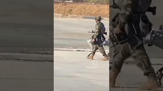 Китайский солдат НОАК прогуливается со своей вооруженной собакой-роботом