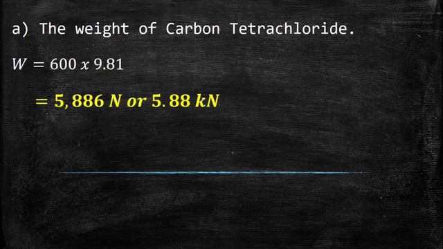 Liquid Carbon Tetrachloride (CCL4) having a volume of 378 liters has a mass of 600 kg. Determine th