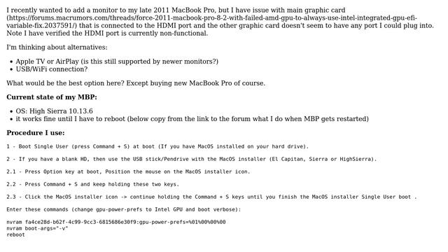 Apple: Late 2011 MacBook Pro 15" broken graphics - want to use external monitor