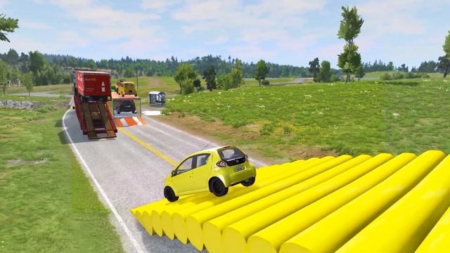 Double Flatbed Trailer Truck Vs Speed Bumps|Busses Vs Speed Bumps|Beamng Drive|NUKHRIDDIN Games #33