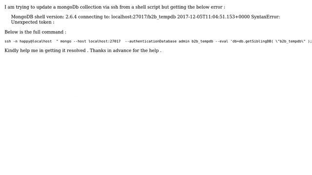 Databases: How to update mongodb collection with ssh from a shell script?
