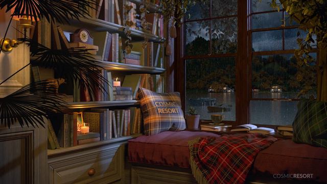 Cozy Reading Nook Ambience with Gentle Rain in the Evening overlooking Lake view