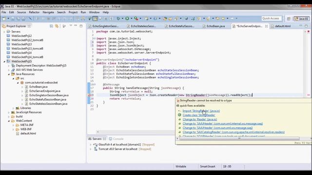 WebSocket Tutorial 15 - ServerEndpoint + CDI + Stateless, Stateful, and Singleton Session Beans