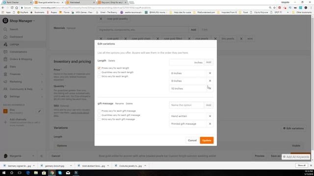 ETSY / Добавляем Вариации / Работа с листингом
