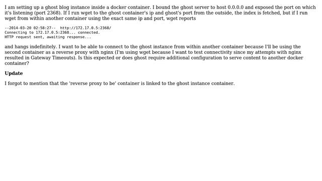 Ghost running on docker container does not respond to http requests from other container