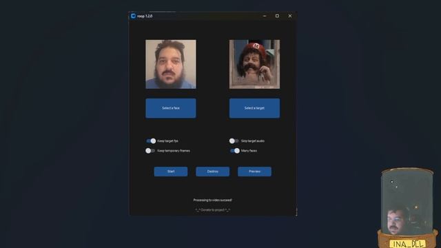 Roop deepfake en un solo click. Sin entrenamientos, sin subir archivos a internet.