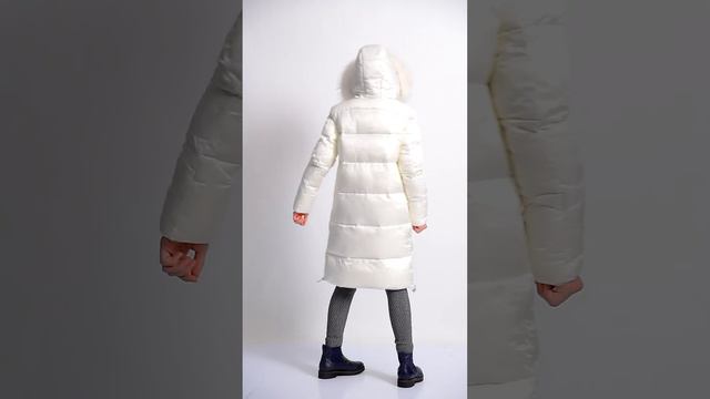 Пуховик KIWILAND D23614 детский для девочек белый длинный с капюшонм с мехом зимний тёплый.