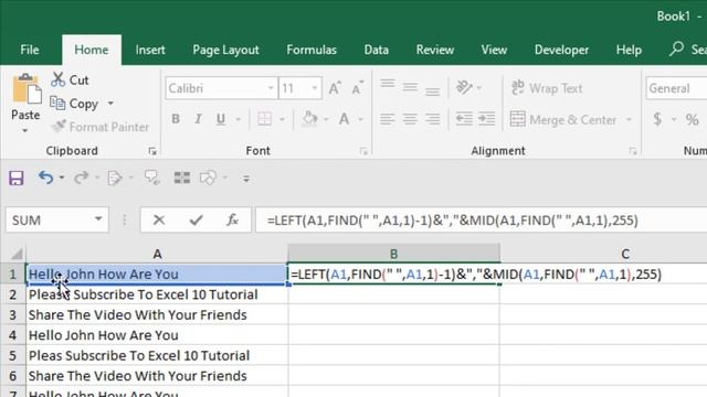 How to Add Comma After First Word In Microsoft Excel