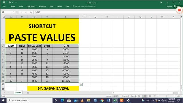 SHORTCUT TO PASTE VALUES || EXCEL TRICKS || GAGAN BANSAL