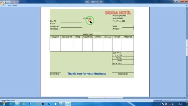 Create Hotel Bill Receipt Excel 2007 | simple & Easy Process