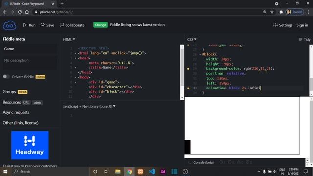 How to build a game using JavaScript in JSFiddle online coding project  HTML  CSS