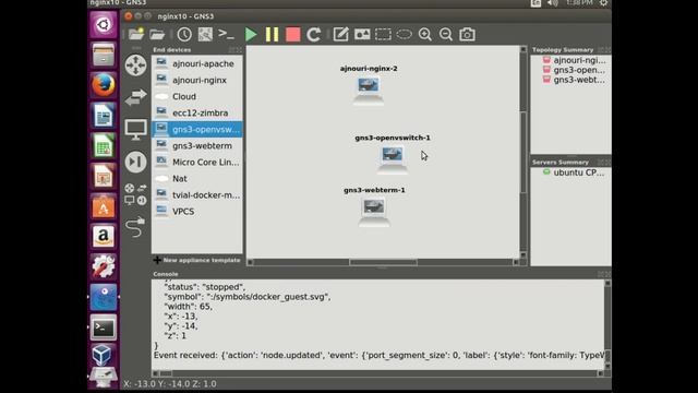 Flash labs: nginx server container + webterm (GUI browser) container inside GNS3