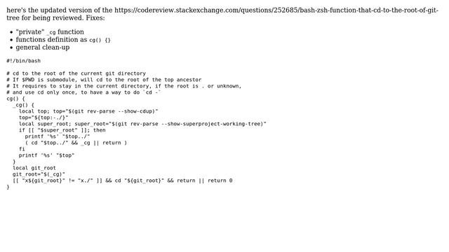 Code Review: Updated bashzsh function that cd to the root of git tree