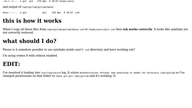 Centos 8 symlink to users's `.ssh` folder
