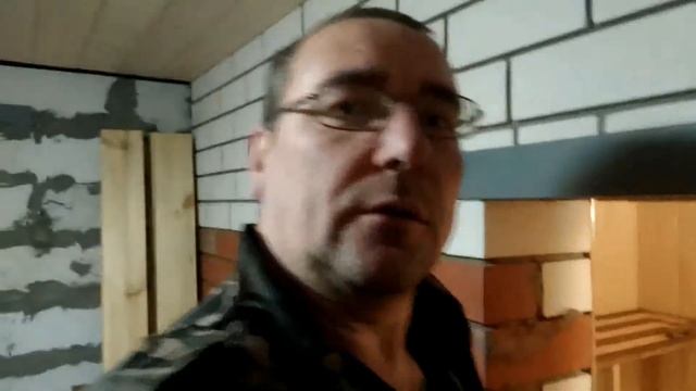 полная отделка бани из пеноблока. полосатый полок.