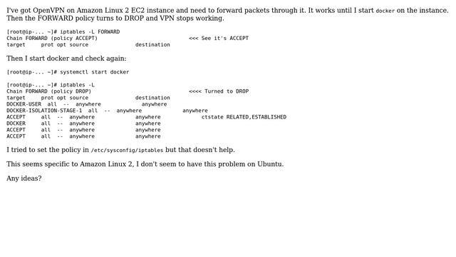 DevOps & SysAdmins: Docker changes IPtables FORWARD policy to DROP