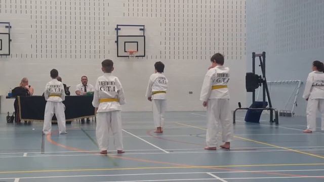 My son Logan O'Reilly doing his Tae kwondo grading for his green belt. Super proud:)