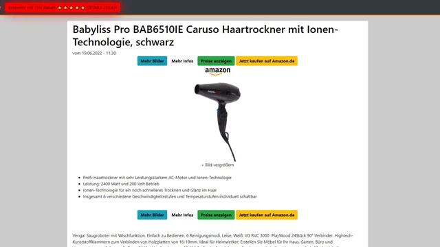 ᐅ Babyliss Pro BAB6510IE Caruso Haartrockner mit Ionen-Technologie, schwarz