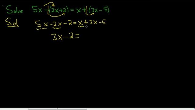 Solve 5x - (2x + 2) = x + (3x - 5) for x
