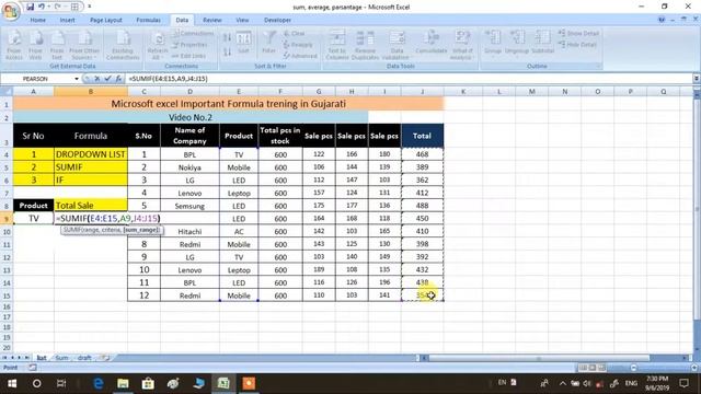 Excel Formula's Training in Gujarati | Video 2 |  Drop down list, SUMIF, IF