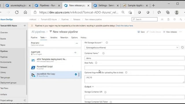 Build CI CD pipelines in Azure DevOps - war file deployment to tomcat running in Azure VM