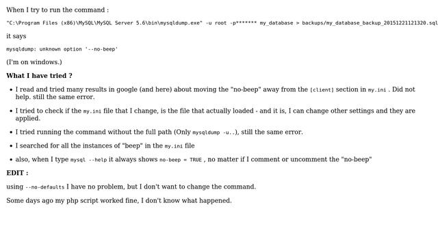 Mysqldump.exe Unknown option --no-beep