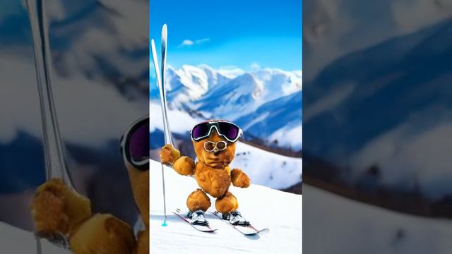 Жареная котлета в солнечных очках и на лыжах в горах