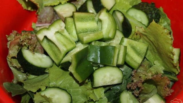 Легкий салат с овощами, шпинатом, чесночными стрелками