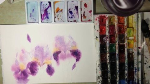 Painting Irises Watercolor. Real-Time Video