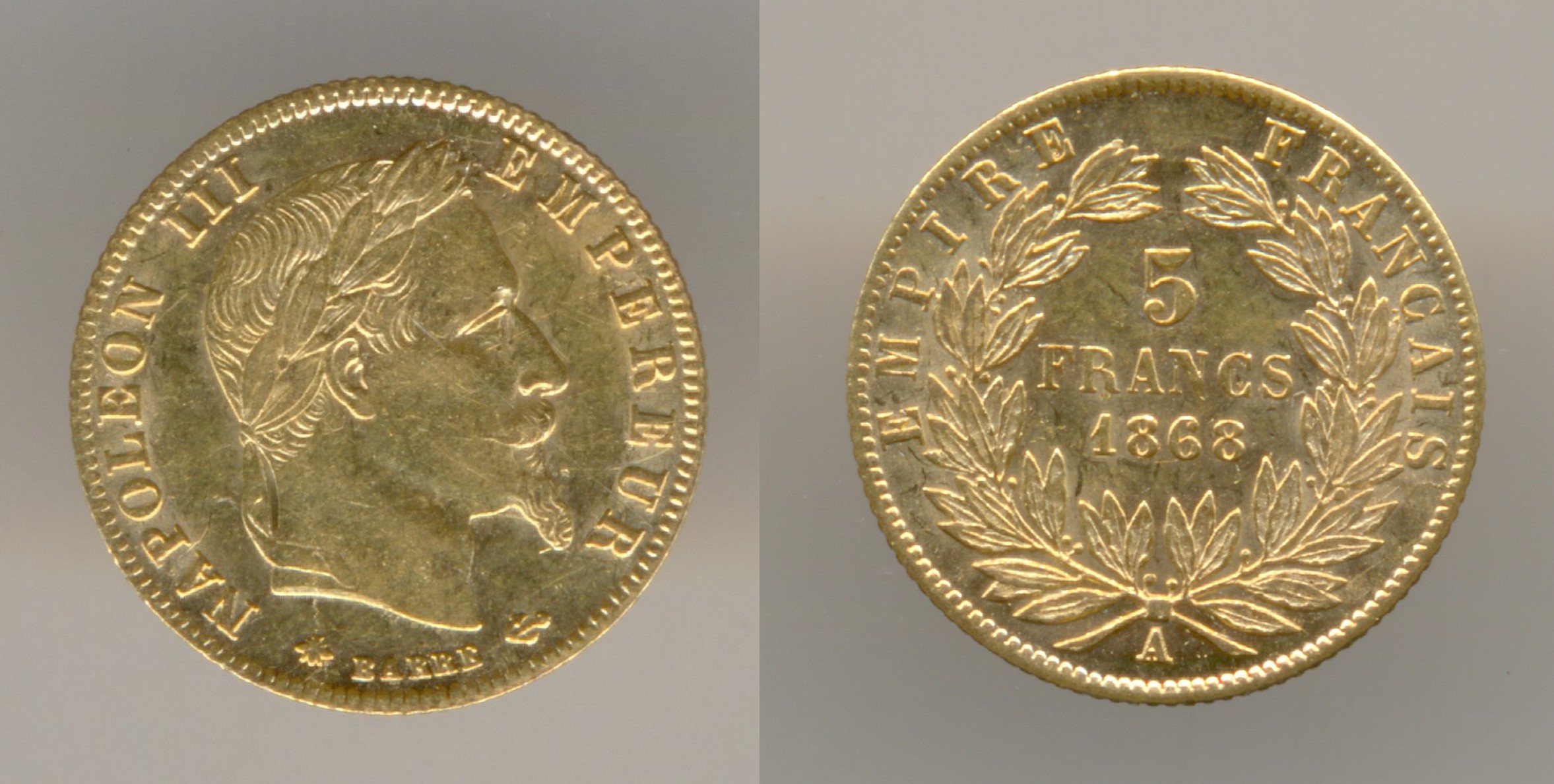 Нумизматика. Золотая монета. Франция, 5 франков 1868 г.