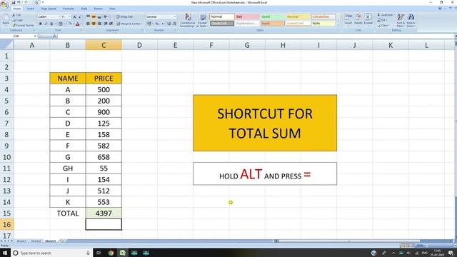 TOTAL SUM SHORTCUT IN EXCEL