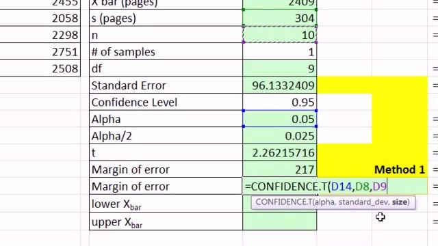 Excel 2010 Statistics 75 Confidence Intervals Sigma NOT Known T.INV, CONFIDENCE.T & Analysis Add-in