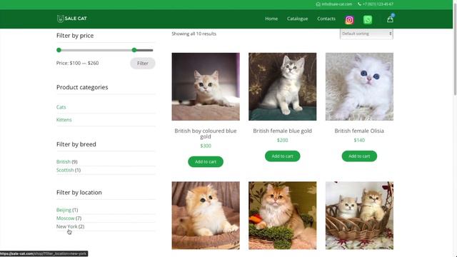 Сайт каталог на английском языке на тему продажи животных