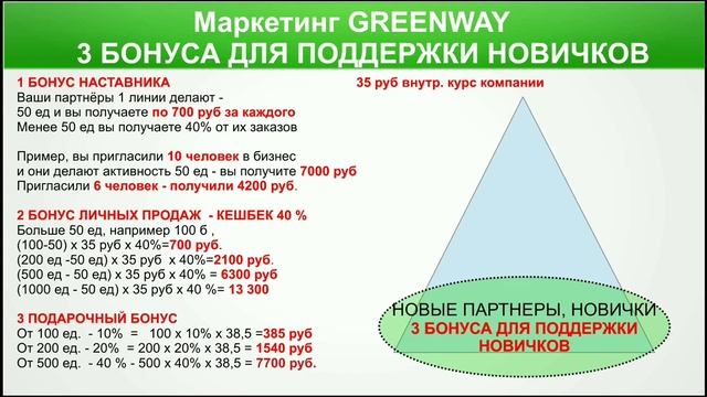 Маркетинг GREENWAY  Краткий обзор бонус наставника, бонус  продаж, подарочного бонуса