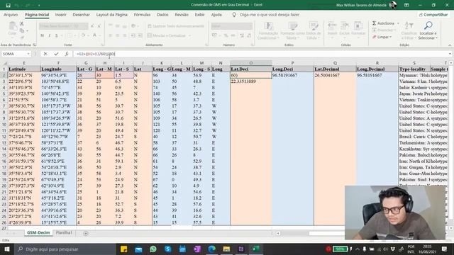 Como converter coordenadas (GMS) Grau Minuto e Segundo para (GD) Grau Decimal no Excel