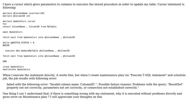 Databases: Maintenance plan using cursor statement