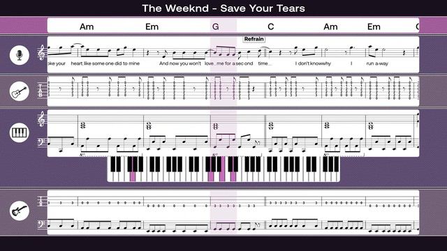 How to play Save Your Tears by Weeknd GuitarPianoBass TutorialTranscriptionTabScore