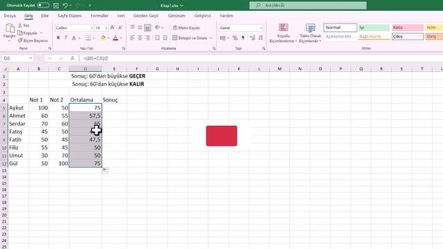 EXCEL EĞER FONKSİYONU KULLANIMI (SINIF GEÇTİ KALDI ÖRNEĞİ)