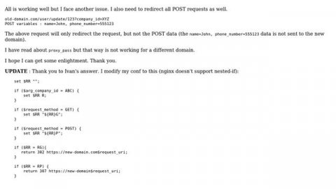Redirect all POST / GET requests on nginx server to another domain