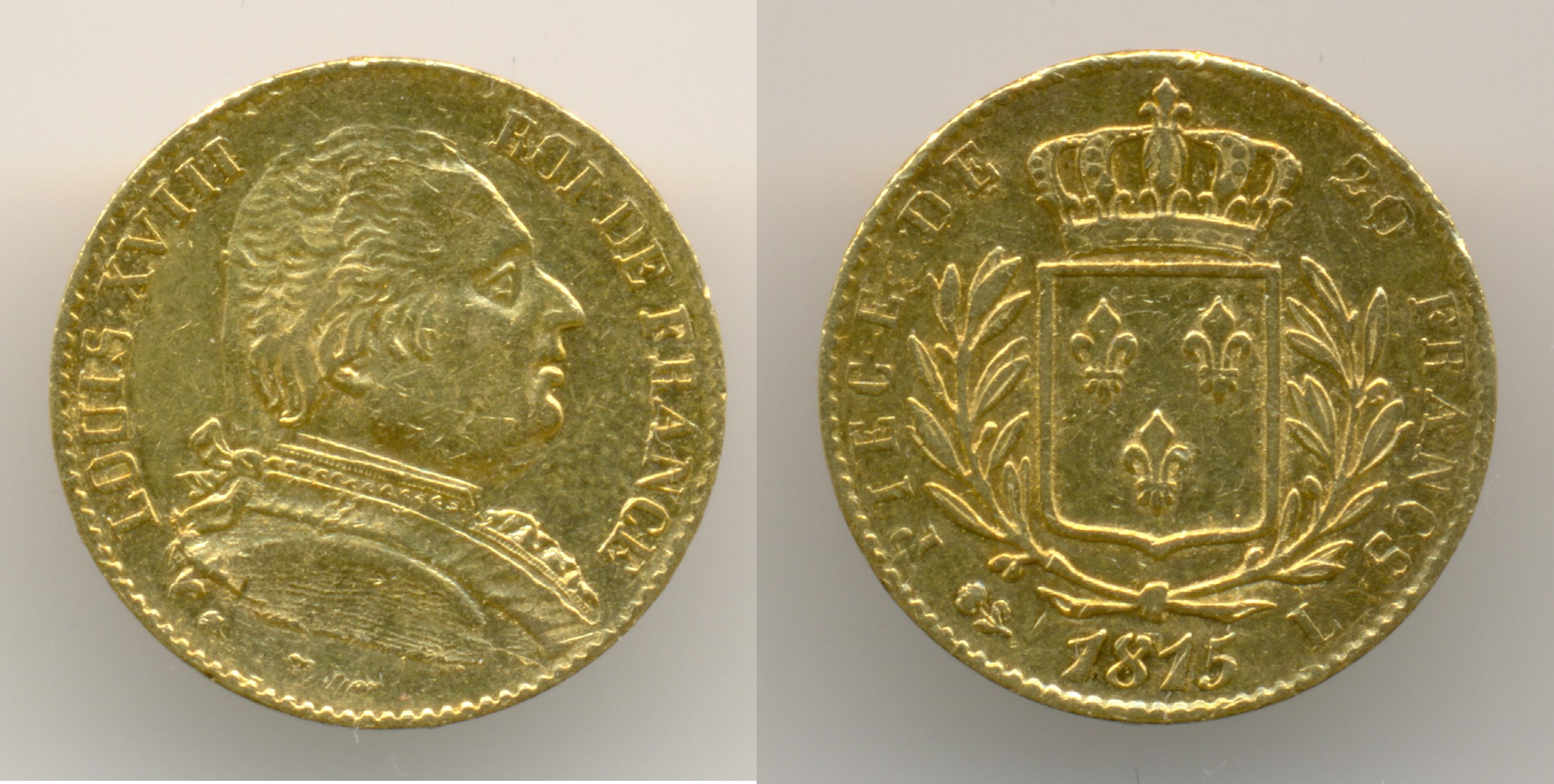 Нумизматика. Золотая монета. Франция, 20 франков 1815г. Лилль.