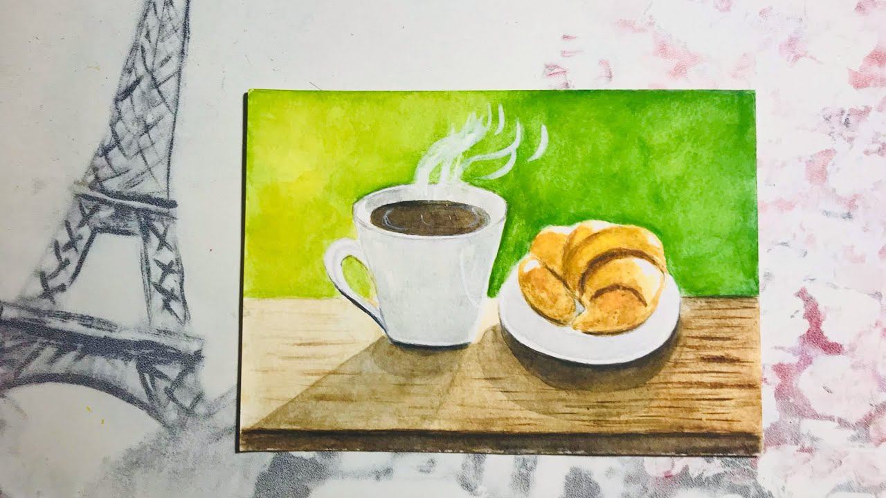 Кофе с круассаном. #уроки_рисования акварелью