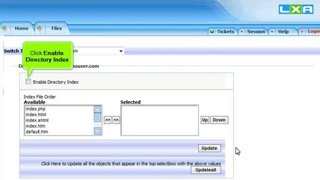 How to choose the directory index in LxAdmin/Kloxo (Flipper Host)