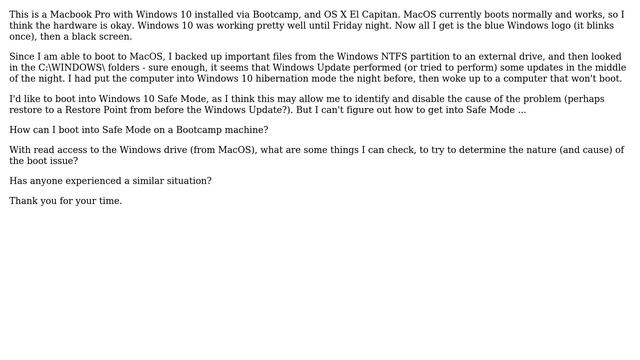 Windows 10 (Bootcamp on Macbook Pro) fails to boot after forced Windows Update