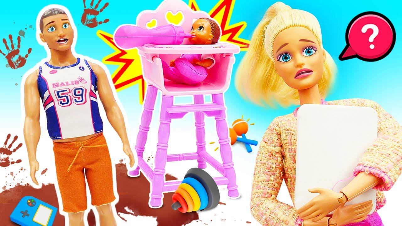 Кен остался дома с малышом  Смешные видео для девочек про игры в куклы Барби