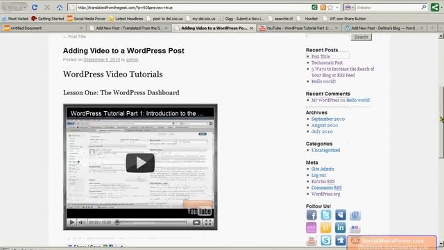 WordPress 3 Tutorial Part 5: Embedding YouTube Video into Blog Posts