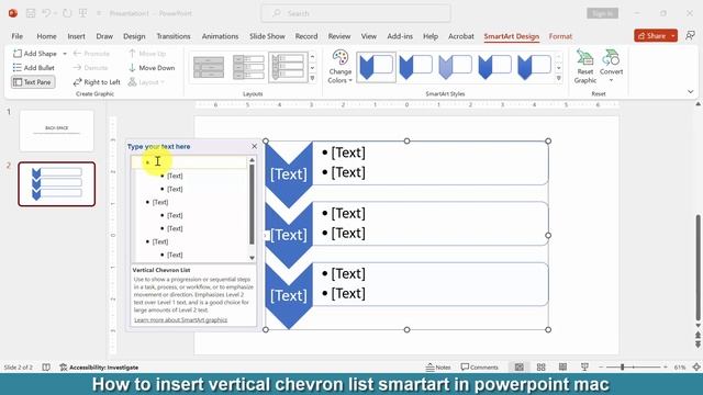 How to insert vertical chevron list SmartArt in PowerPoint mac