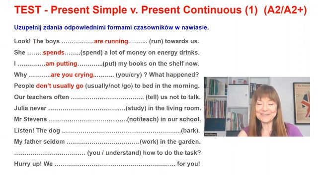 TEST - Present Simple czy Present Continuous (część 1)  (test na poziomie A2/A2+)