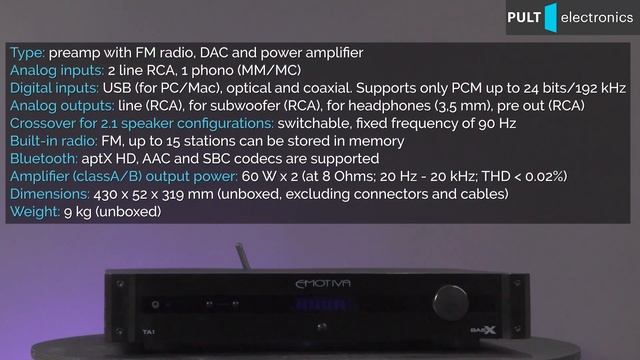 Emotiva TA-1. Bargain preamplifier with crossover DAC FM tuner and power amplifier
