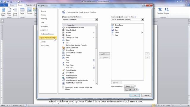 Quick Access/Shortcut Toolbar in Word